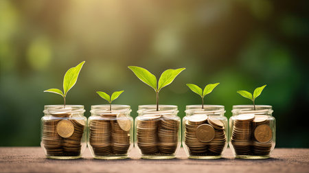plant growing out of coins in glass jar with filter effect retro vintage style. Investment conceptの素材