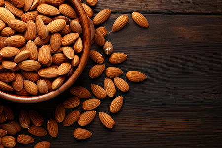 Almond nuts in wooden bowl on wooden background. Top view.の素材