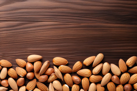Almond nuts on wooden background. Top view with copy spaceの素材