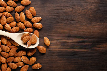 Almond nuts in wooden spoon on wooden background. Top view with copy spaceの素材