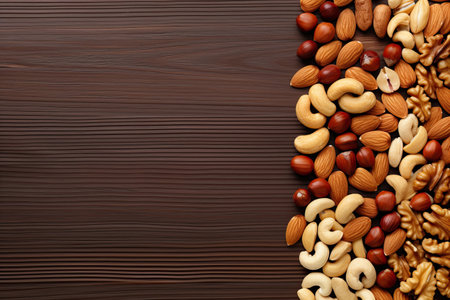 Almond nuts on wooden background. Top view with copy spaceの素材