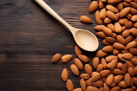 Almond nuts in wooden spoon on wooden background. Top view with copy spaceの素材