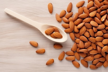 Almond nuts in wooden spoon on wooden background. Top view with copy spaceの素材