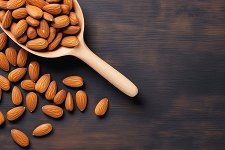 Almond nuts in wooden spoon on wooden background. Top view with copy spaceの素材