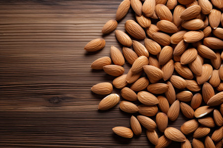 Almond nuts on wooden background. Top view with copy spaceの素材