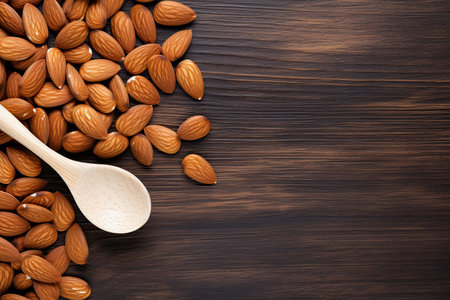Almond nuts in wooden spoon on wooden background. Top view with copy spaceの素材
