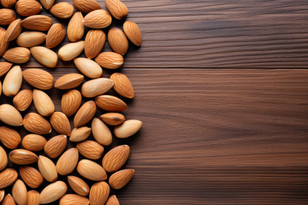 Almond nuts on wooden background. Top view with copy spaceの素材
