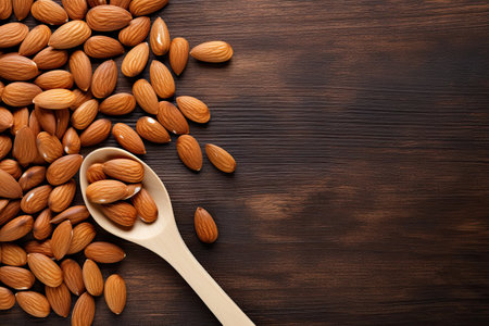 Almond nuts in wooden spoon on wooden background. Top view with copy spaceの素材