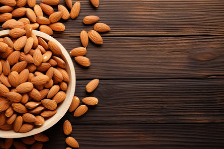 Almond nuts in bowl on wooden background. Top view with copy spaceの素材