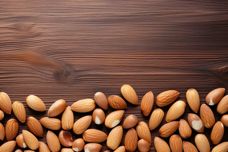 Almond nuts on wooden background. Top view with copy spaceの素材