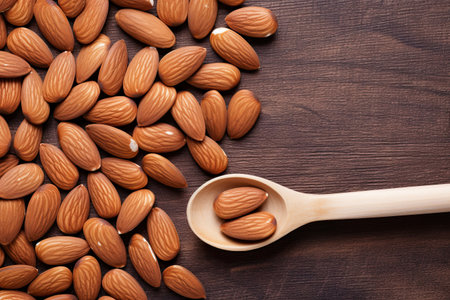 Almond nuts in wooden spoon on wooden background. Top view with copy spaceの素材