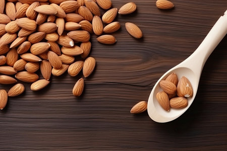 Almond nuts in wooden spoon on wooden background. Top view with copy spaceの素材