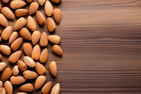 Almond nuts on wooden background. Top view with copy spaceの素材