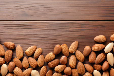 Almond nuts on wooden background. Top view with copy spaceの素材