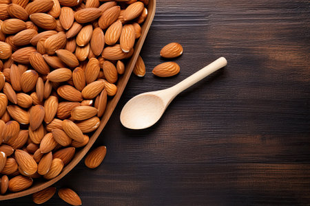 Almond nuts in wooden spoon on wooden background. Top view with copy spaceの素材
