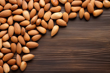 Almond nuts on wooden background. Top view with copy spaceの素材