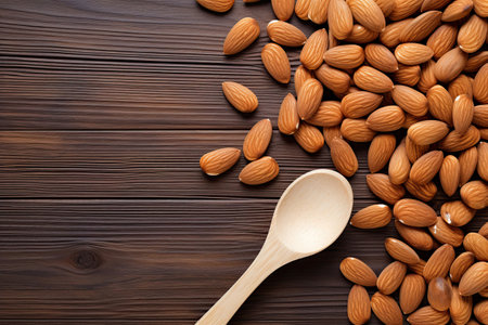 Almond nuts in wooden spoon on wooden background. Top view with copy spaceの素材