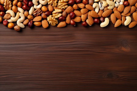 Almond nuts on wooden background. Top view with copy spaceの素材