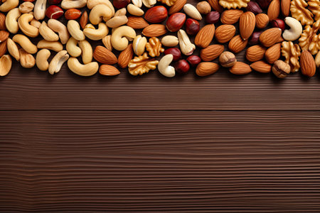 Almond nuts on wooden background. Top view with copy spaceの素材