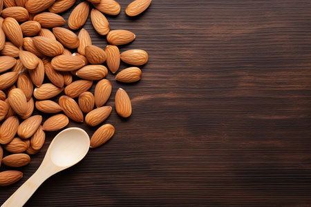 Almond nuts in wooden spoon on wooden background. Top view with copy spaceの素材