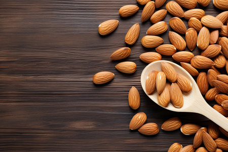Almond nuts in wooden spoon on wooden background. Top view with copy spaceの素材