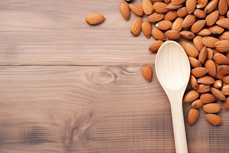 Almond nuts in wooden spoon on wooden background. Top view with copy spaceの素材
