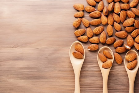 Almond nuts in wooden spoon on wooden background. Top view with copy spaceの素材