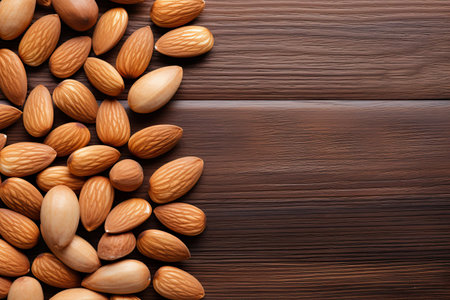 Almond nuts on wooden background. Top view with copy spaceの素材