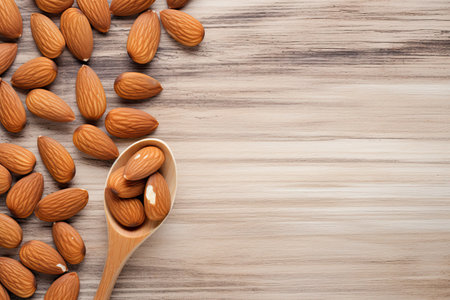 Almond nuts in wooden spoon on wooden background. Top view with copy spaceの素材