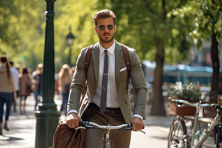 Handsome young businessman in suit and with a backpack riding a bicycle in the cityの素材