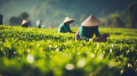 tea picking at the tea plantation at the town of Mae Salong north of the city Chiang Rai in North Thailandの素材