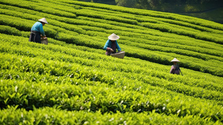 tea picking at the tea plantation at the town of Mae Salong north of the city Chiang Rai in North Thailandの素材