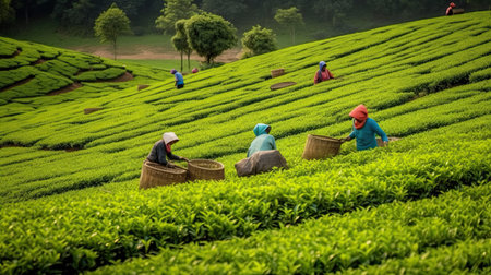 tea picking at the tea plantation at the town of Mae Salong north of the city Chiang Rai in North Thailandの素材