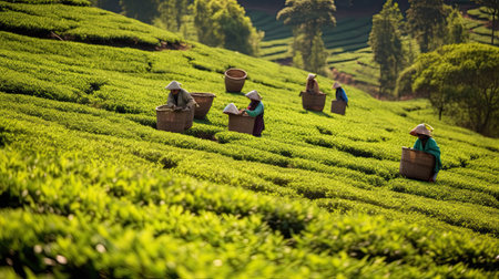 tea picking at the tea plantation at the town of Mae Salong north of the city Chiang Rai in North Thailandの素材