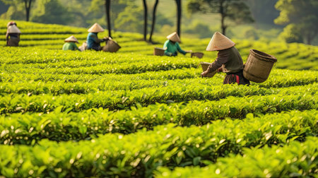 tea picking at the tea plantation at the town of Mae Salong north of the city Chiang Rai in North Thailandの素材