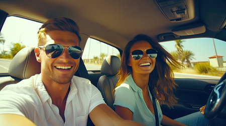 transport, road trip, technology and people concept - smiling couple driving in car, travel conceptの素材