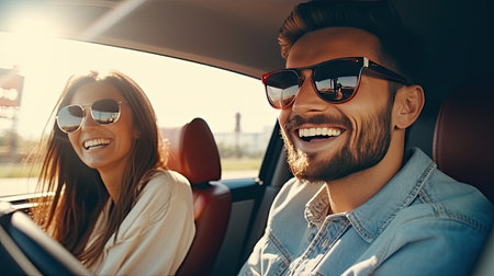 transport, road trip, technology and people concept - smiling couple driving in car, travel conceptの素材