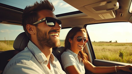transport, road trip, technology and people concept - smiling couple driving in car, travel conceptの素材