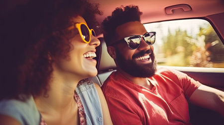transport, road trip, technology and people concept - smiling couple driving in car, travel conceptの素材