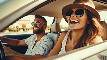 transport, road trip, technology and people concept - smiling couple driving in car, travel conceptの素材
