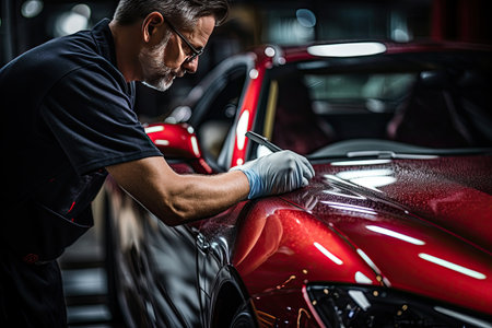 Car detailing series : Worker in protective gloves polishing a red carの素材
