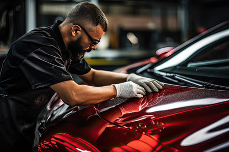 Car detailing series : Worker in protective gloves polishing a red carの素材