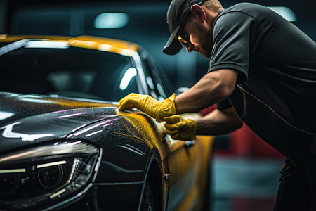 Car detailing series : Worker in protective gloves polishing a carの素材