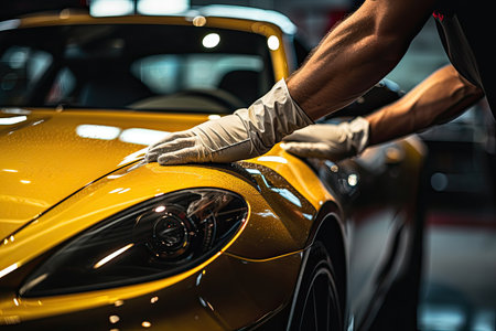 Car detailing series : Worker in protective gloves polishing a carの素材