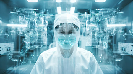 Conceptual of medical workers in protective clothing and masks working in modern hospital. Double exposureの素材
