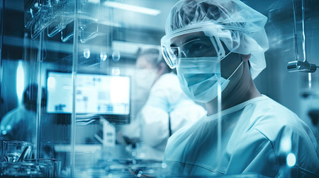 Conceptual of medical workers in protective clothing and masks working in modern hospital. Double exposureの素材