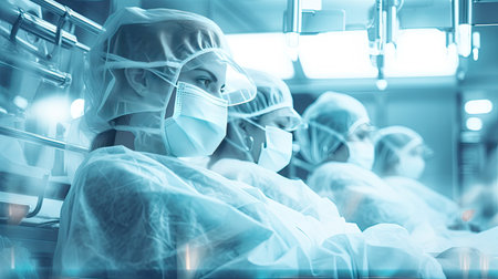 Conceptual of medical workers in protective clothing and masks working in modern hospital. Double exposureの素材