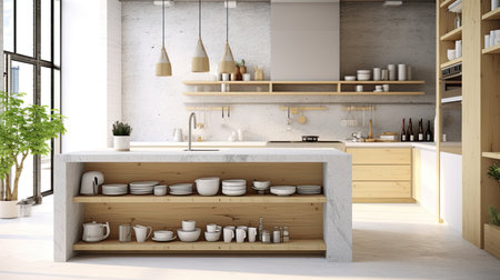 Interior of modern kitchen with white marble countertop and woodenの素材