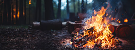 Bonfire in the forest. Camping in the woods. Fire in the wild.の素材
