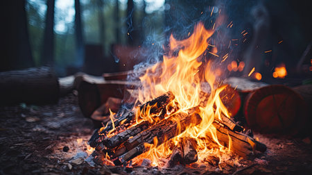 Bonfire in the forest at night. Camping and hiking conceptの素材